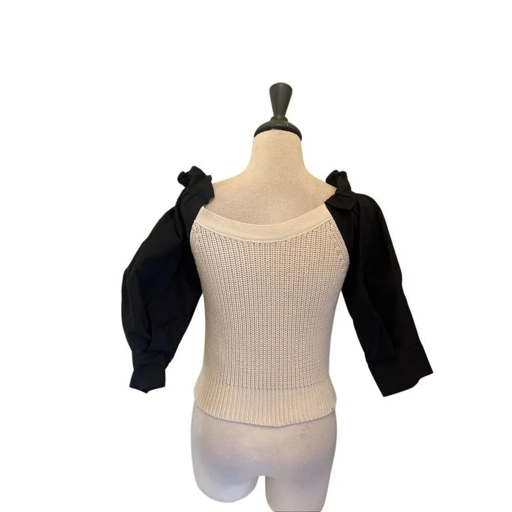 Zara Women's Puff Sleeve Contrast Ribbed Knit Blouse Black White Size Medium